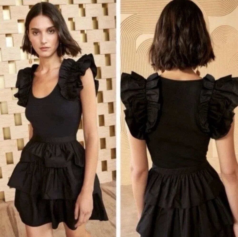 NWT Ulla Johnson New York Hannah Ruffle Trim Dress in Noir (Black) Size 2